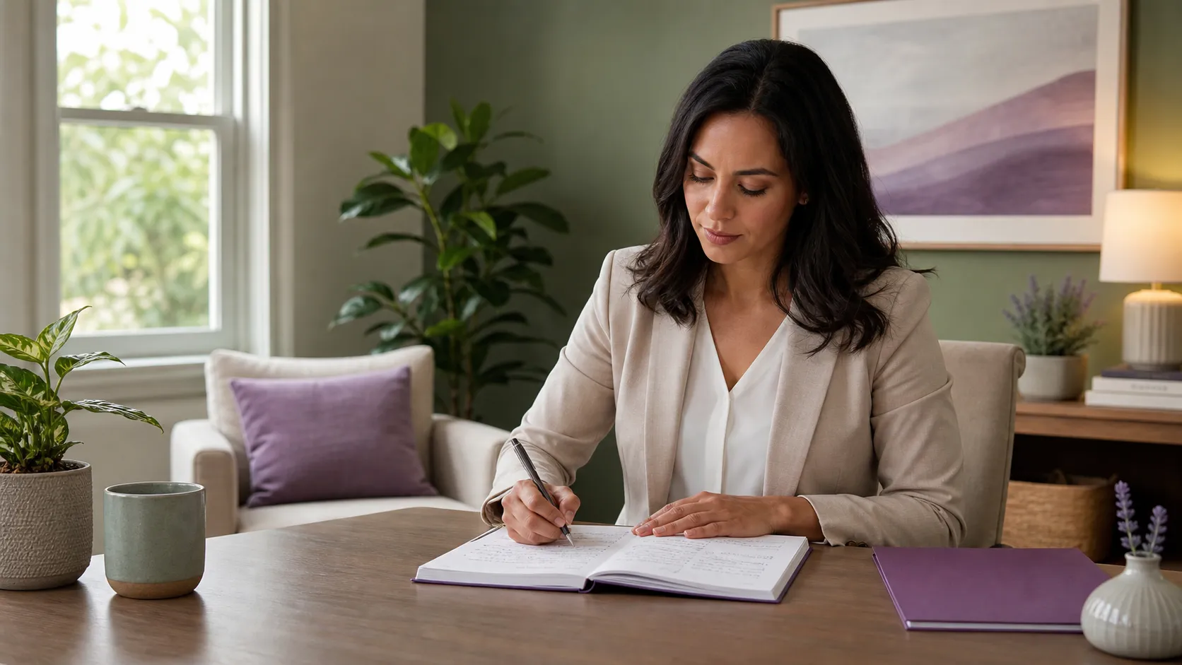 A therapist reviewing a structured BIRP progress note draft at a calm desk
