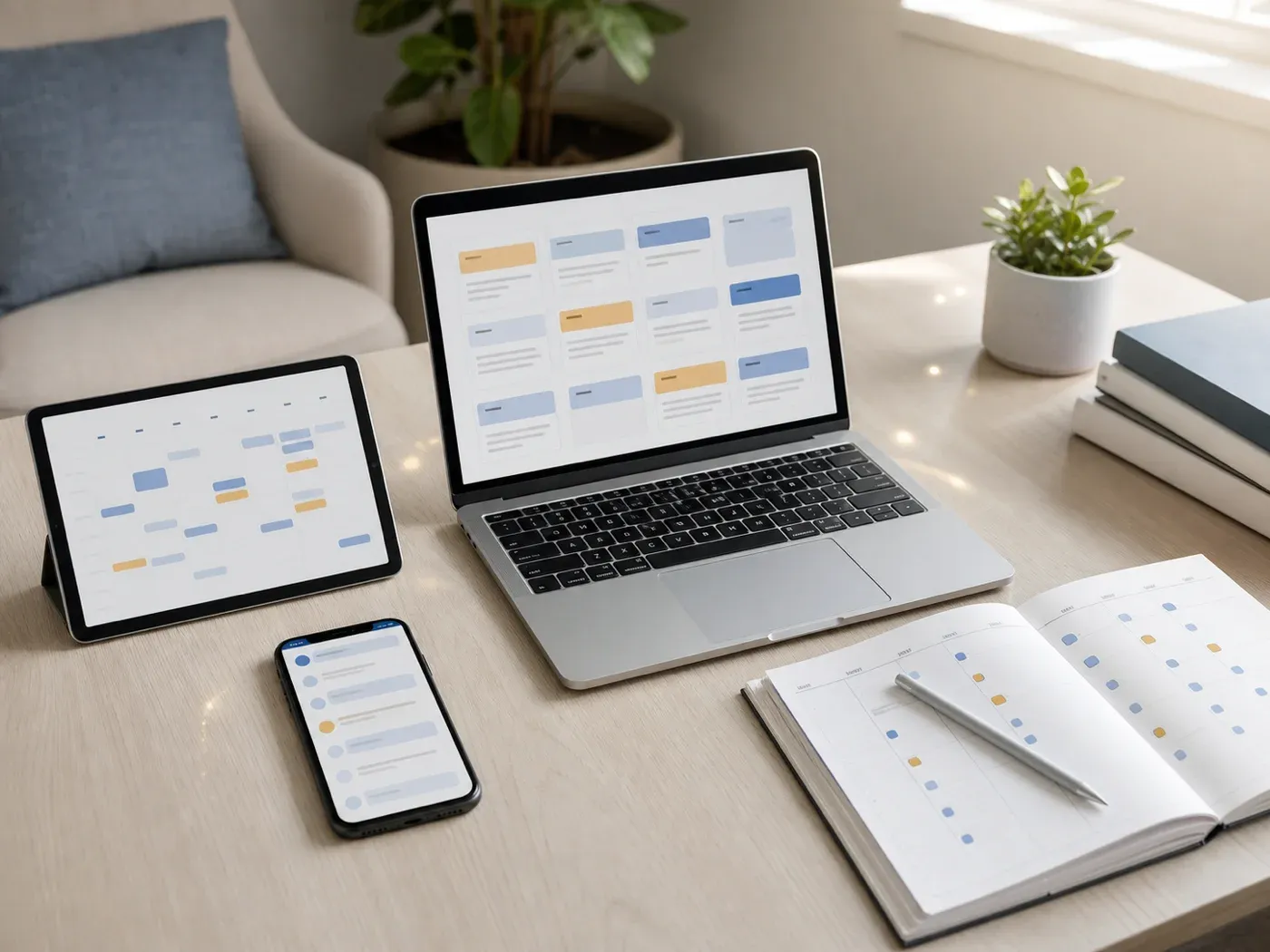 An off-white desk arrangement with a laptop displaying calendar cards, a tablet showing a weekly schedule, a smartphone with a chat panel, and an open paper planner, representing the calendar, video, EHR, and outcome-form layers Emosapien plugs into