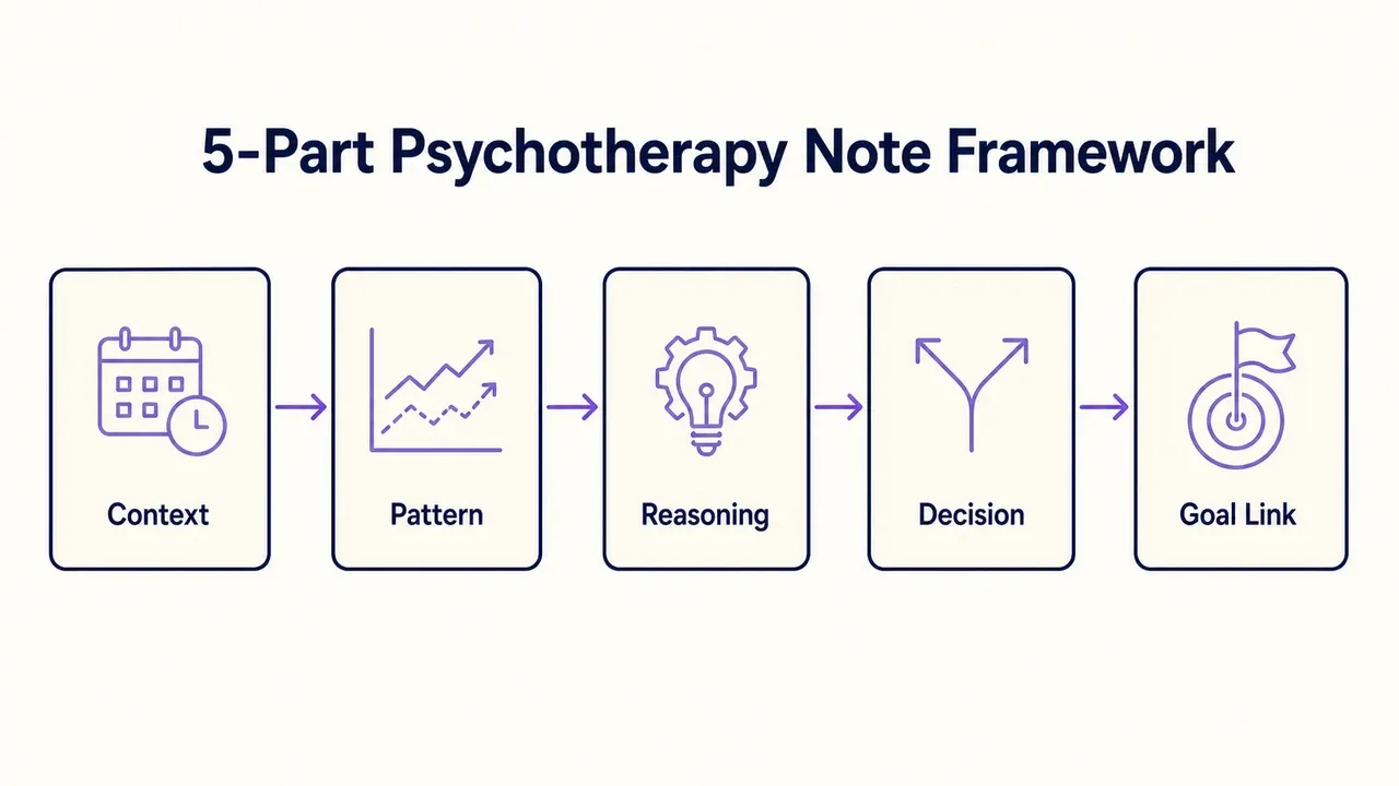 Diagram showing a 5-part psychotherapy note framework with labelled sections — Context, Pattern, Reasoning, Decision, and Goal Link — connected by arrows