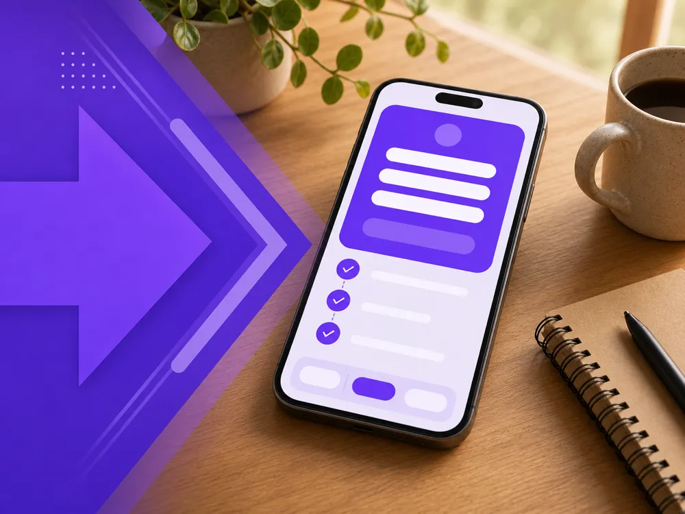 A quiet desk with a notebook, pen, and soft purple sign-up screen for a therapy note tool