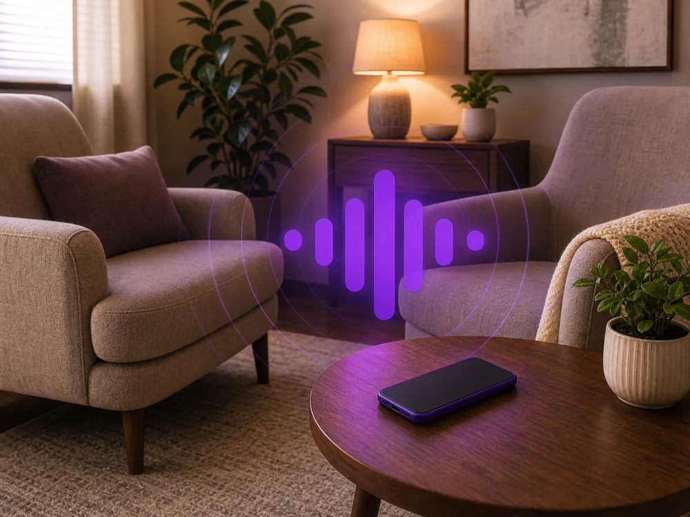 A therapy office with two chairs and a phone face down during a live session