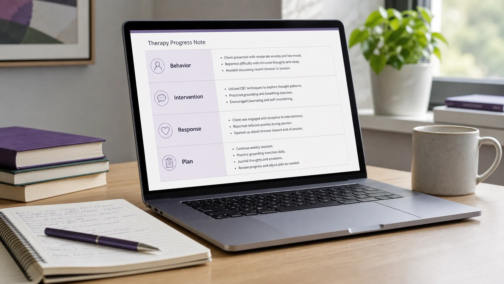 A laptop beside a notebook showing a structured therapy progress note ready for clinician review