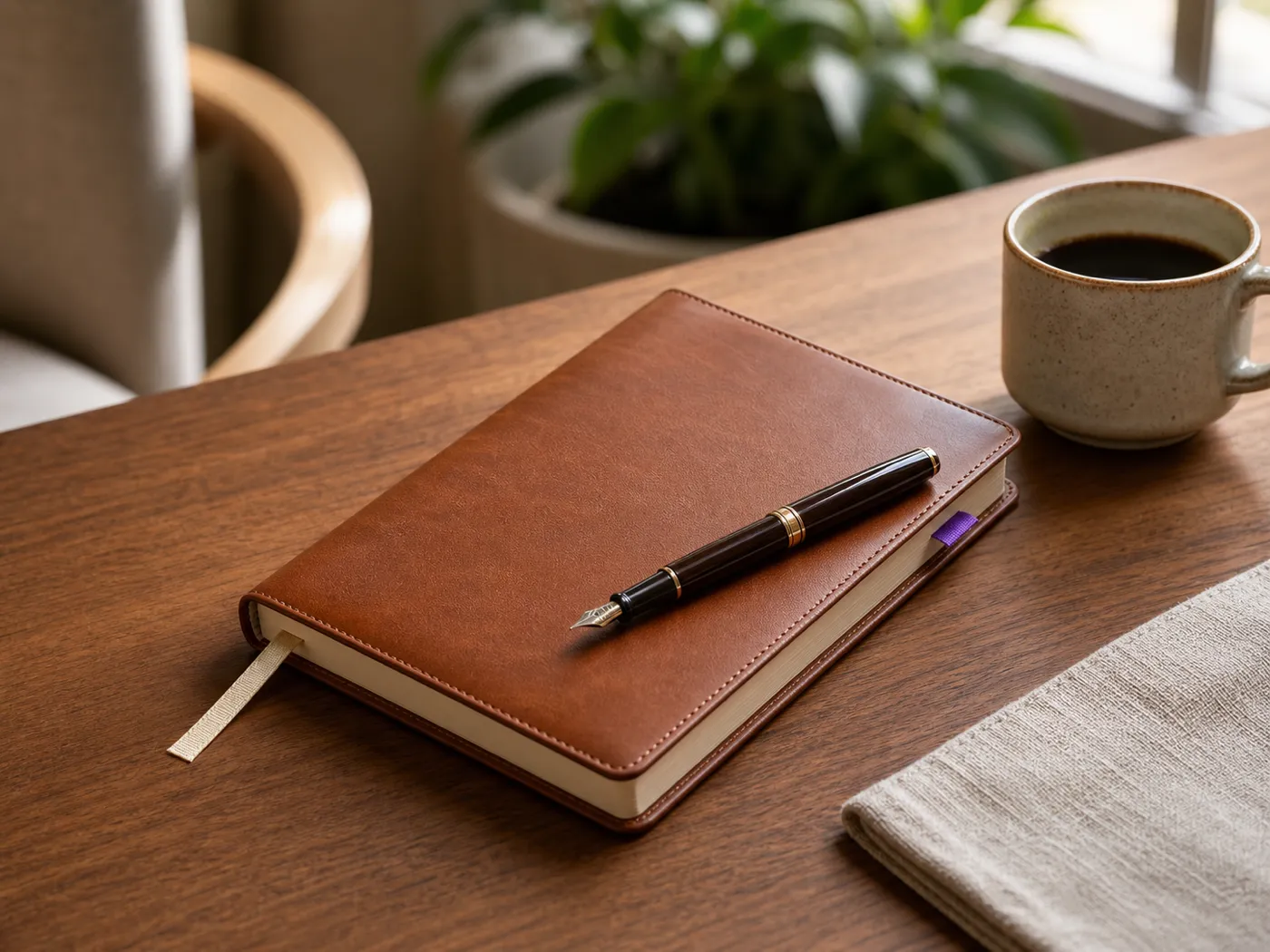 A single closed cognac-brown leather notebook on a wooden desk with a cream ribbon bookmark, a fountain pen on top, and a ceramic mug, representing competent ambient documentation