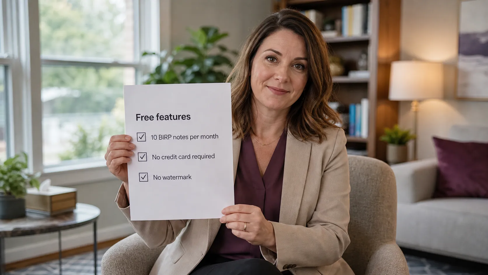 A therapist seated in a calm office, holding a checklist card showing what the free BIRP tier includes